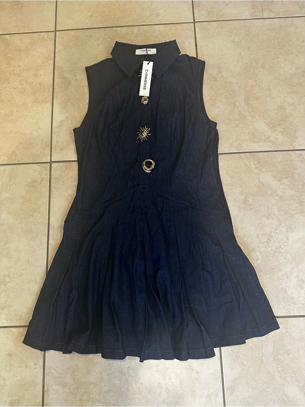 Commense Navy Denim Mini Dress with Gold Sun Buttons - Picture 3 of 9